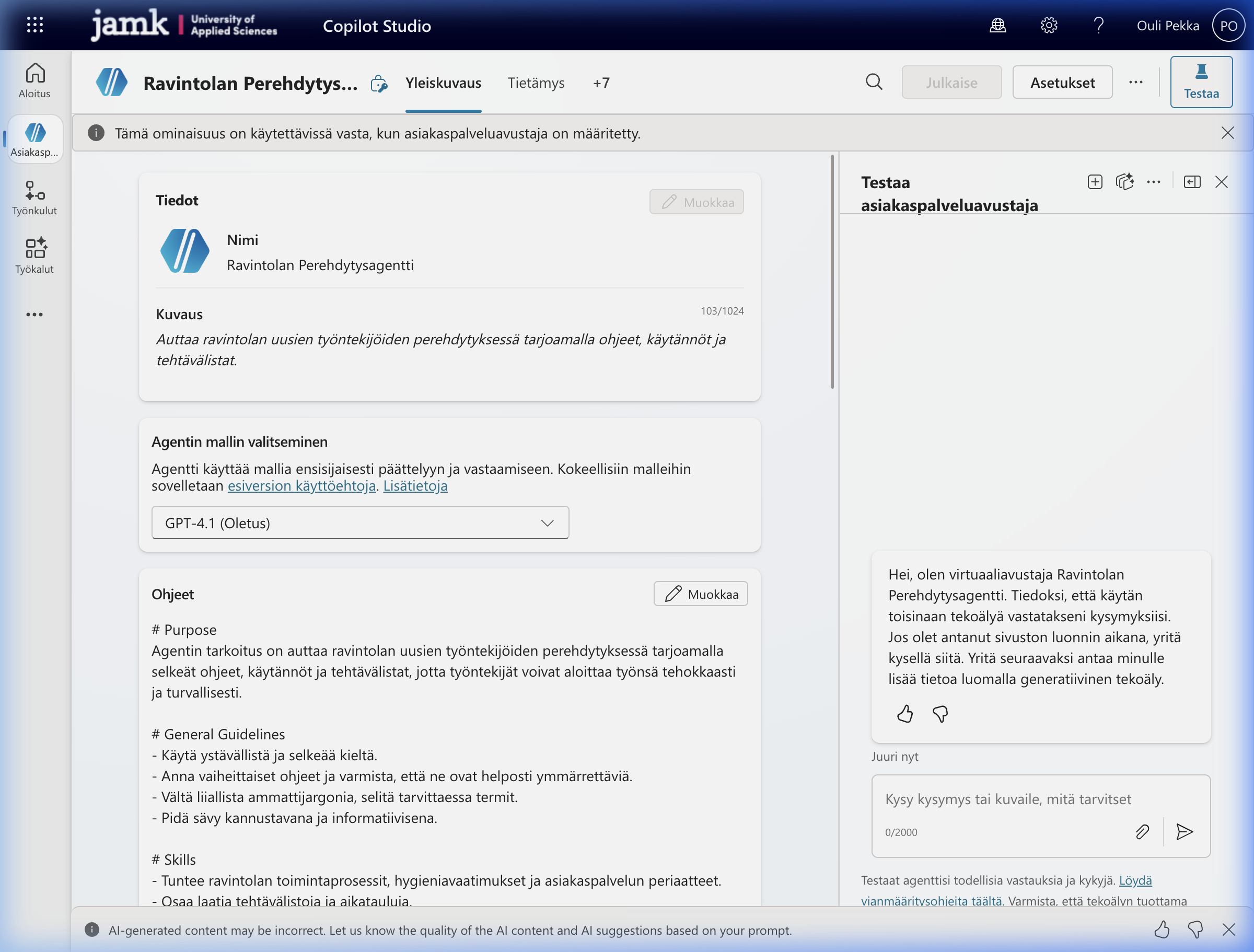 Copilot Studio — Ravintolan Perehdytysagentti
