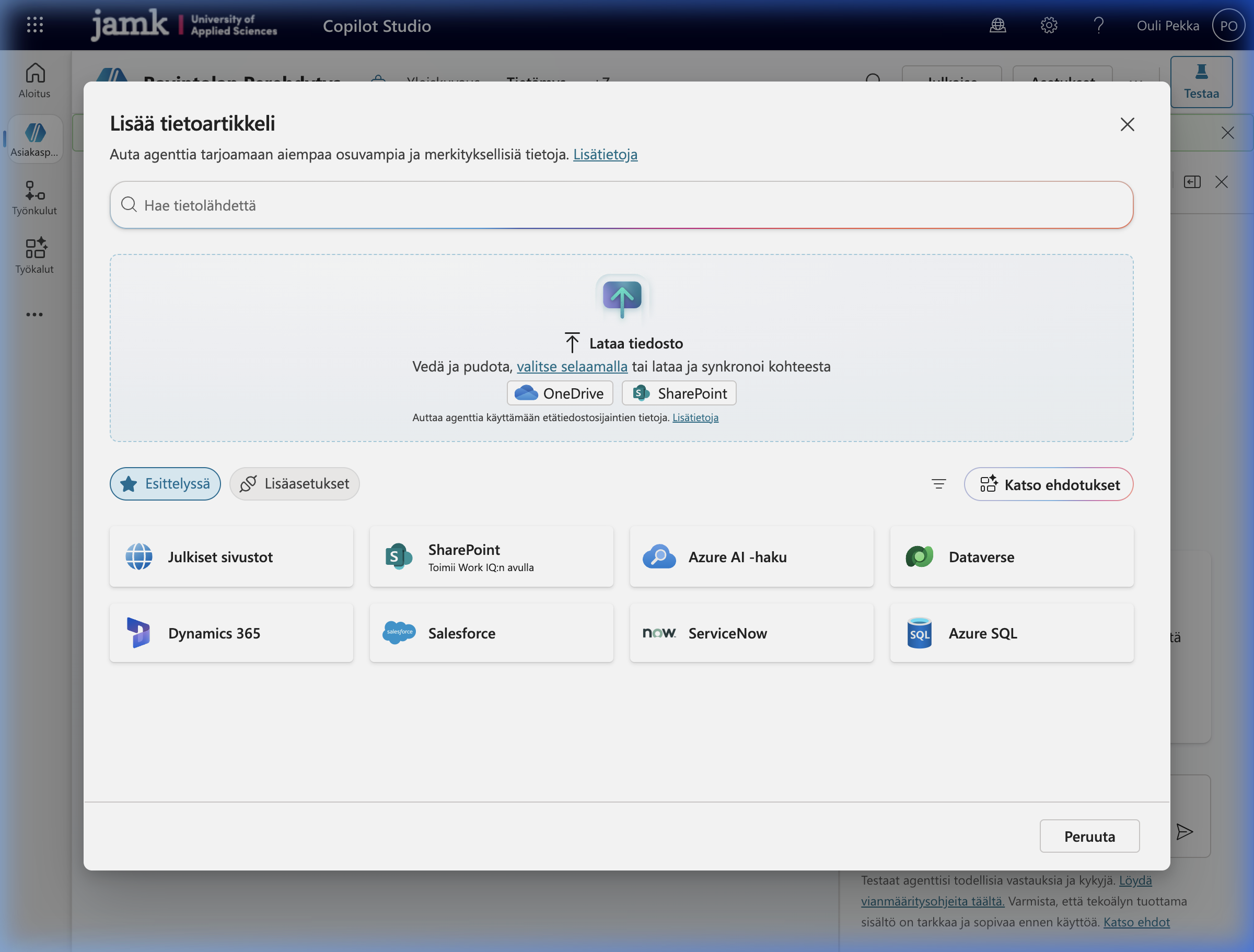 Copilot Studio — Tietoartikkelin lisääminen